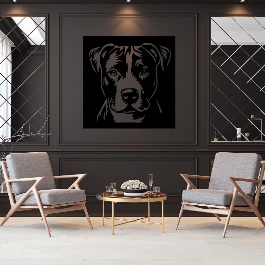 Faithful Eyes | Pitbull Portrait Metal Wall Art showcased on a sophisticated feature wall, adding modern character with a striking Pitbull portrait in precision-cut black metal.