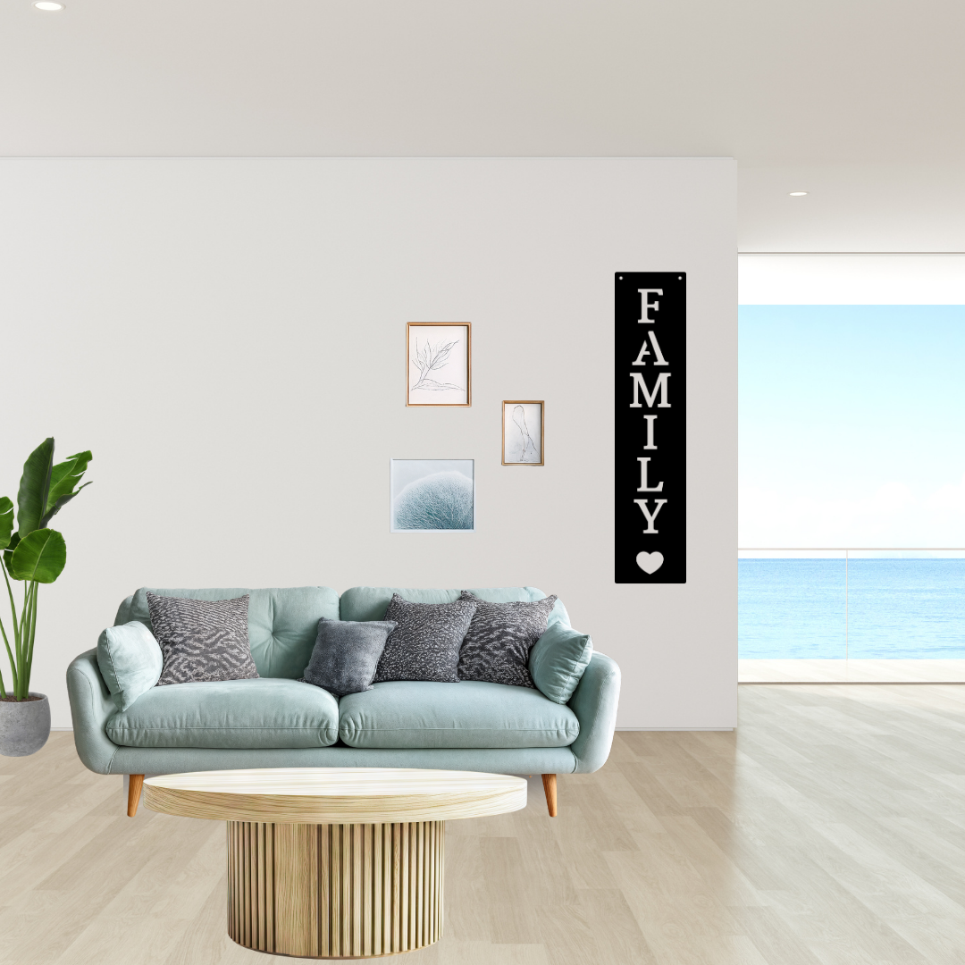 Family First | Vertical Family Metal Wall Sign mounted on a feature wall in a bright contemporary living room.