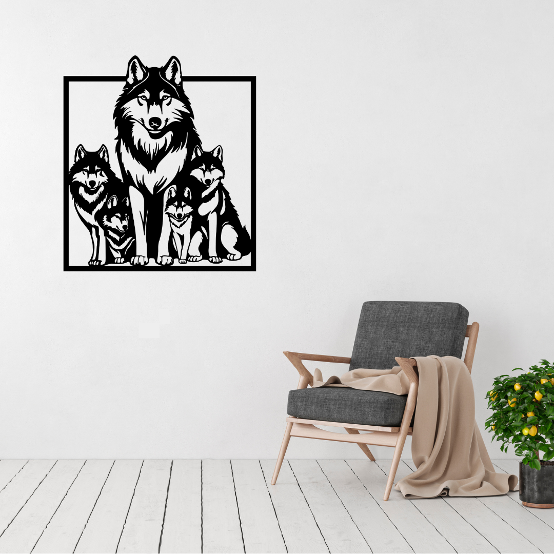 Family of the Wild | Wolf Family Metal Wall Art displayed in a bright modern living room.