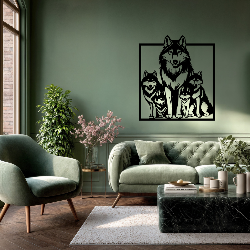 Family of the Wild | Wolf Family Metal Wall Art mounted in a contemporary living room.