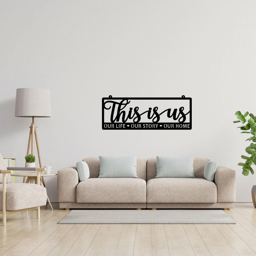 Family Story | This Is Us Metal Wall Art showcased above a sofa in a contemporary living room.