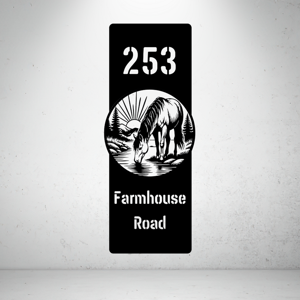 Farmhouse Road personalised vertical metal house number sign featuring a horse drinking from a stream.
