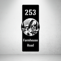 Farmhouse Road personalised vertical metal house number sign featuring a horse drinking from a stream.