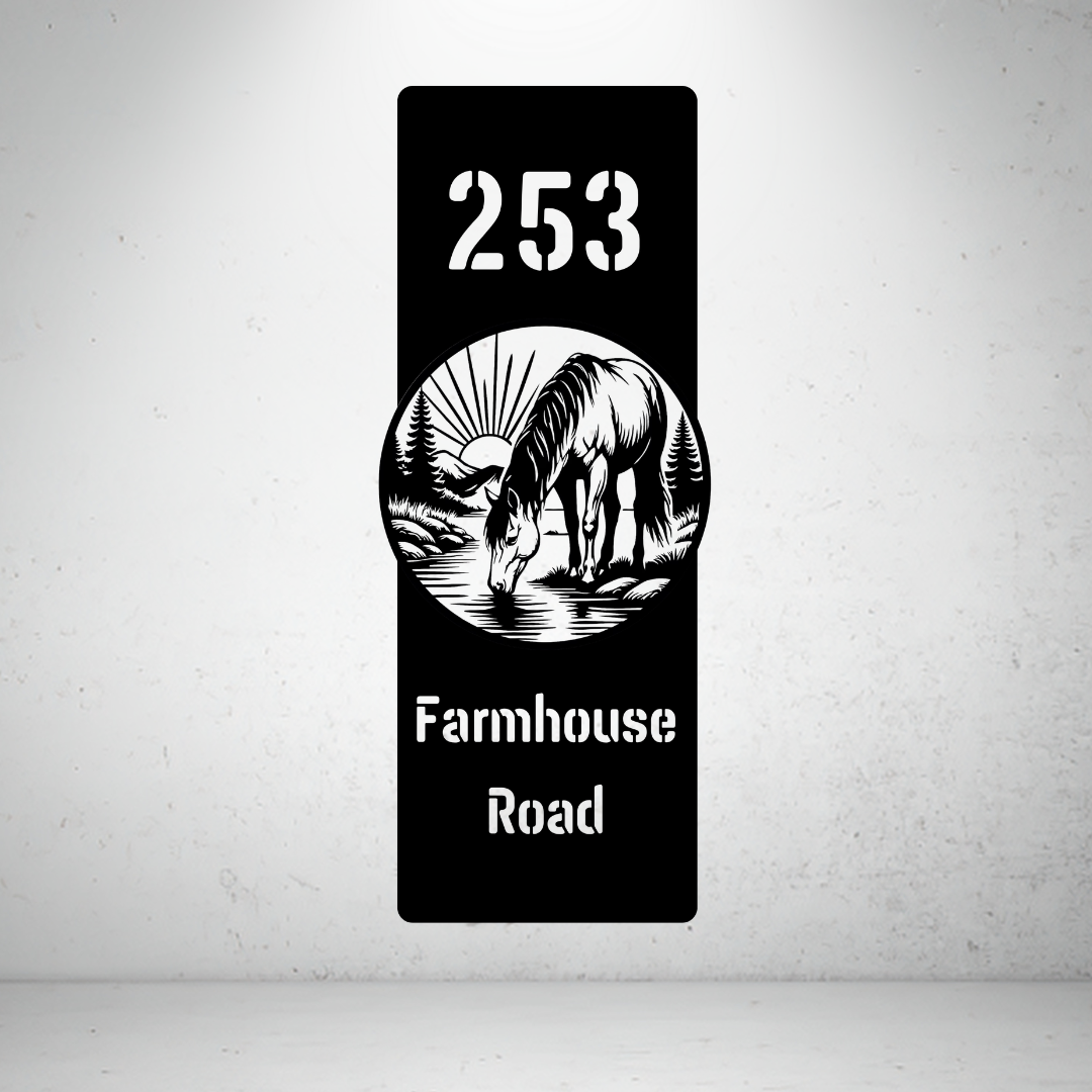 Farmhouse Road personalised vertical metal house number sign featuring a horse drinking from a stream.