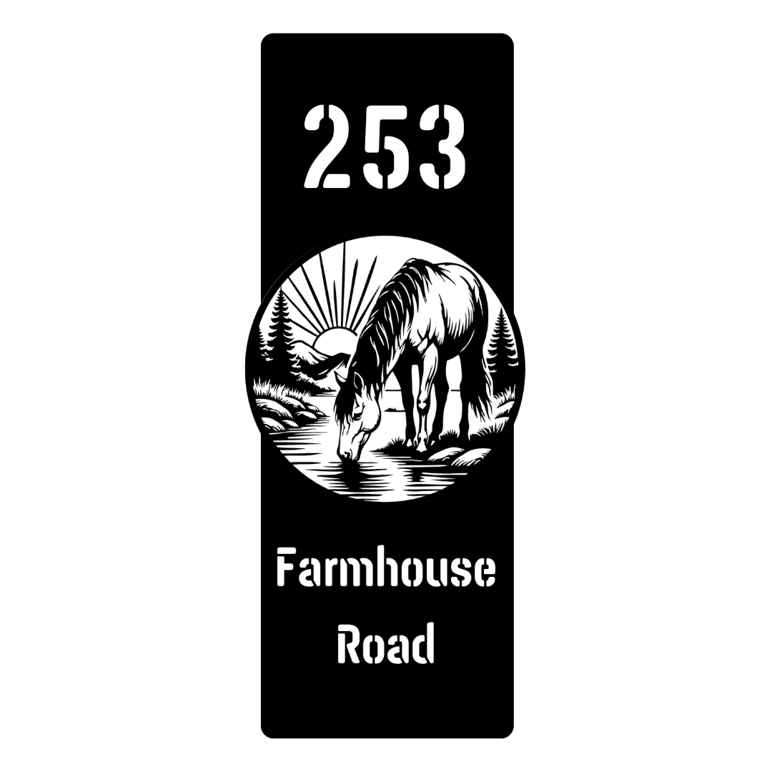 Close-up of the Farmhouse Road custom laser-cut horse vertical address plaque.