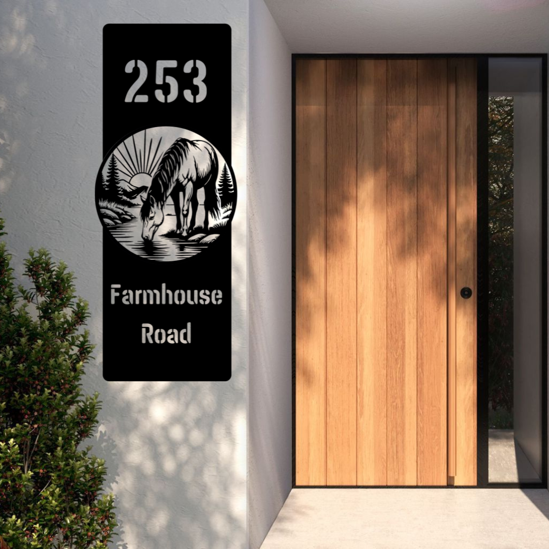 Farmhouse Road horse-themed personalised metal address sign installed beside a modern timber front door.