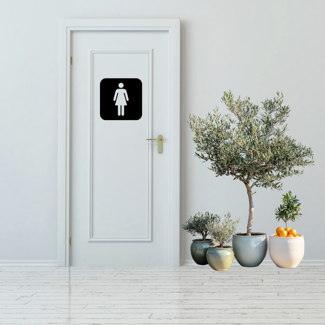 Female Toilet Symbol | Metal Bathroom Sign displayed on a modern white restroom door.