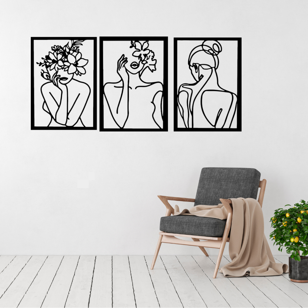 Floral Grace | Minimalist Women's Metal Wall Art Collection displayed in a bright modern living room.