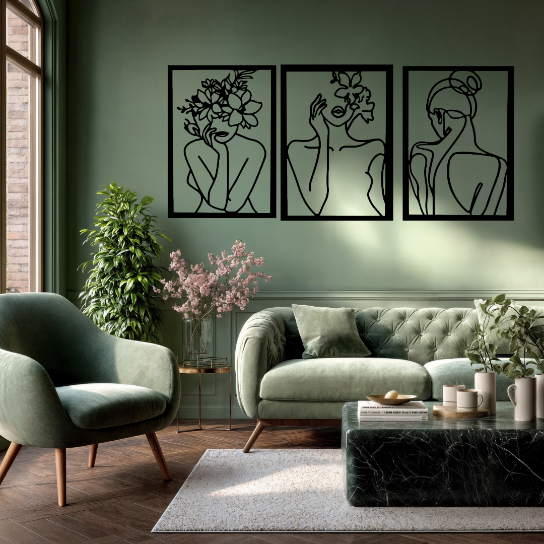 Floral Grace | Minimalist Women's Metal Wall Art Collection mounted above a stylish sofa in a contemporary living room.