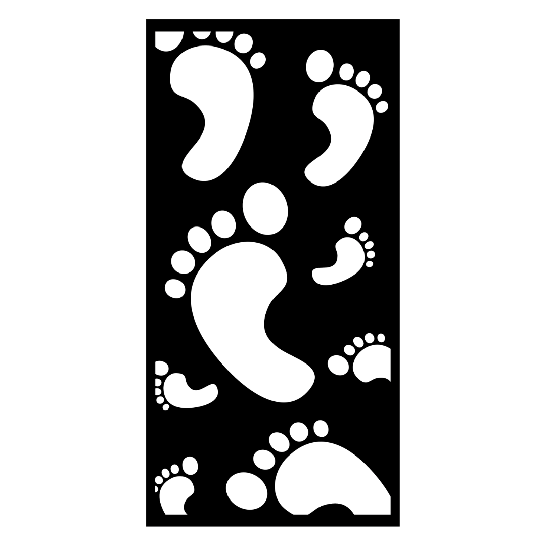 Footprints decorative metal privacy panel isolated on a white background showing its playful footprint pattern