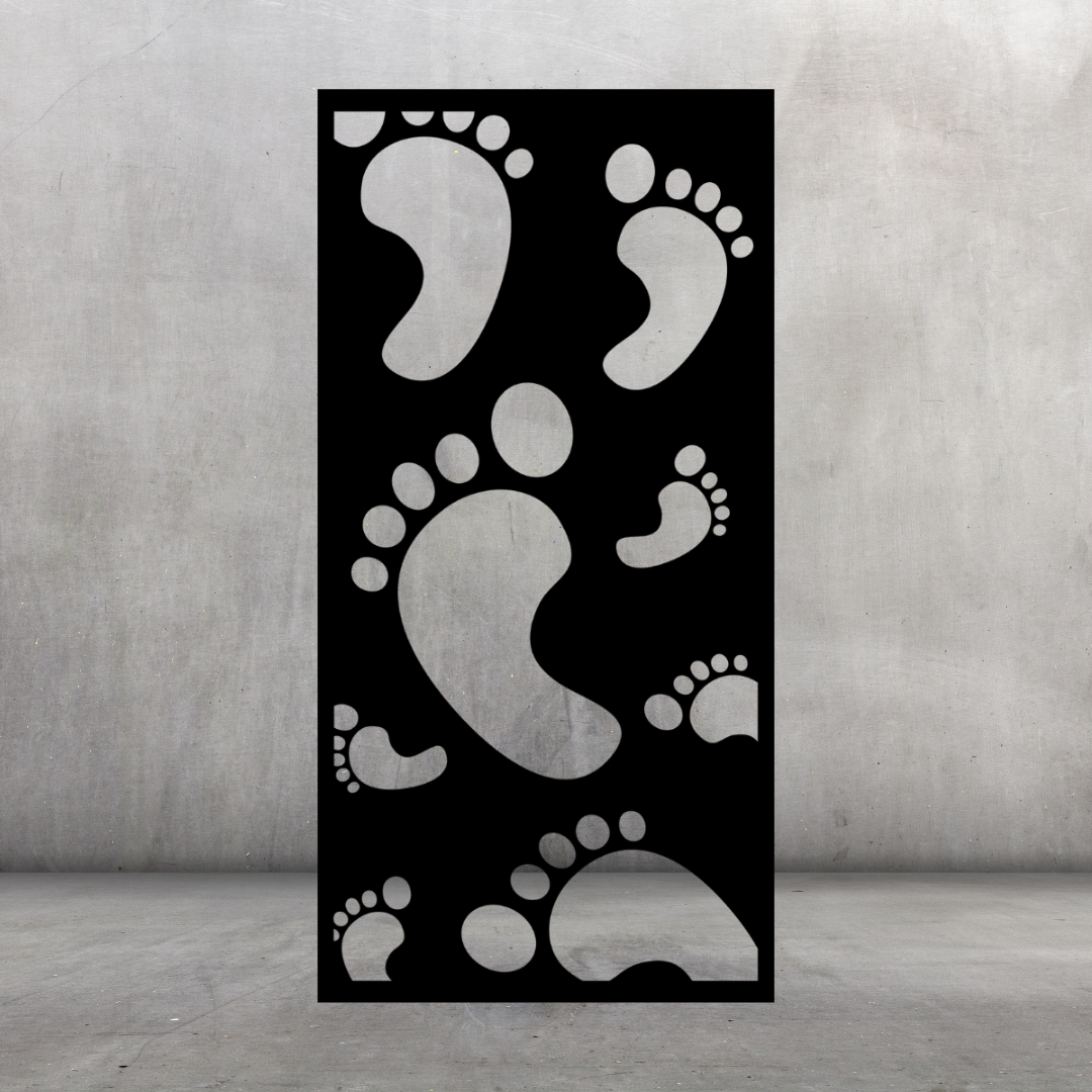 Footprints metal privacy screen displayed against a dark grey wall with scattered footprint cut-outs