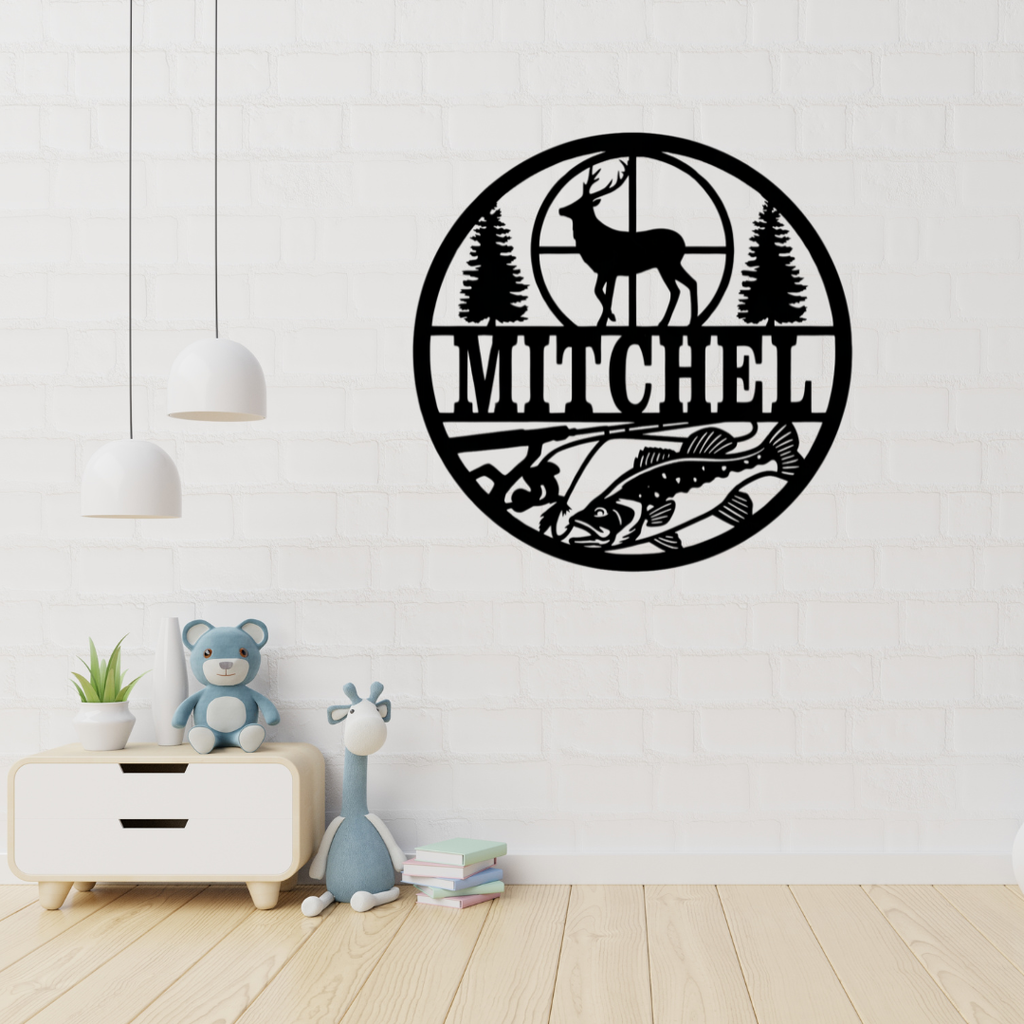 Rustic woodland deer metal wall sign displayed in a cosy cabin-inspired kids room