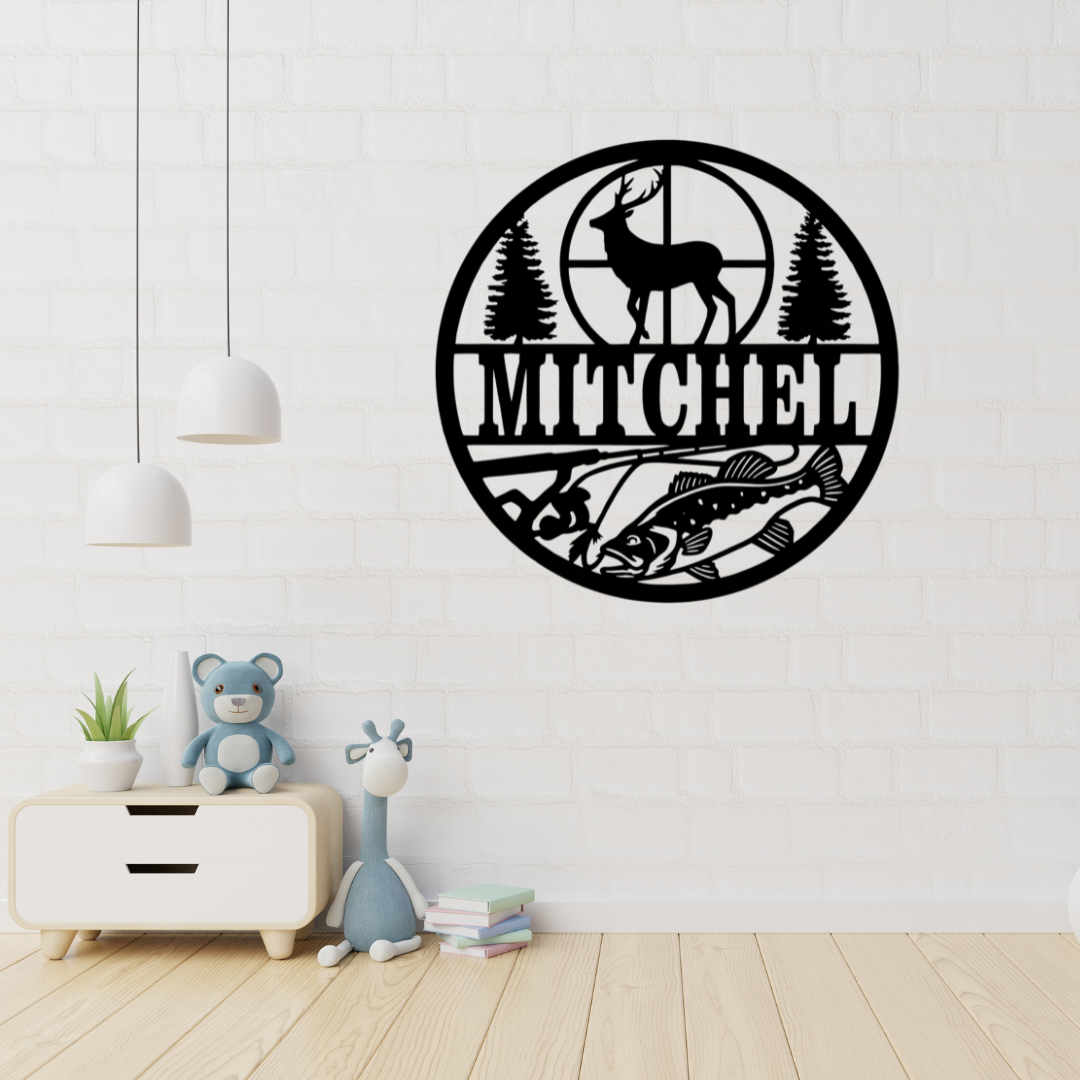 Rustic woodland deer metal wall sign displayed in a cosy cabin-inspired kids room