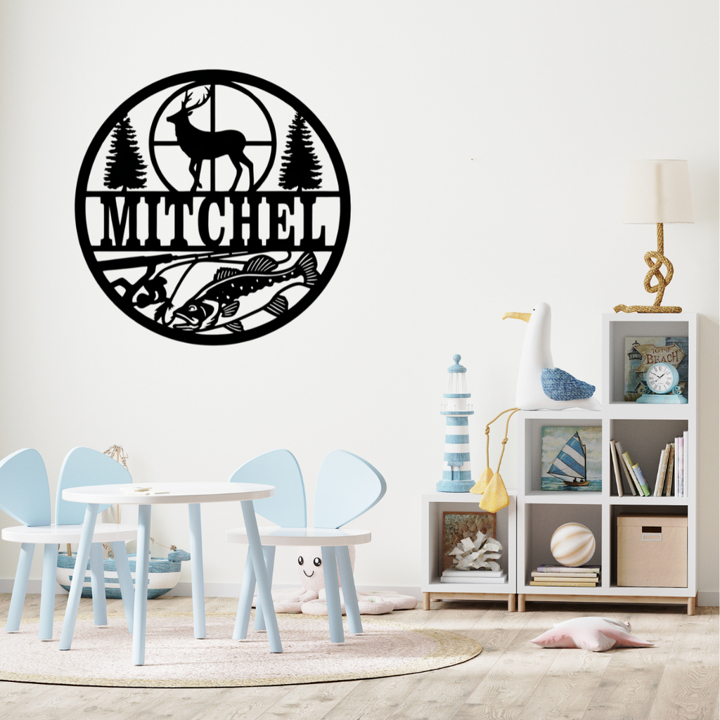 Woodland adventure metal wall art styled in a rustic nursery with forest décor
