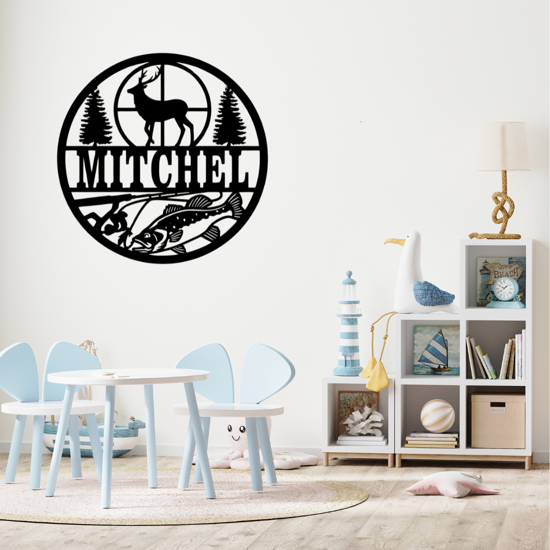 Woodland adventure metal wall art styled in a rustic nursery with forest décor