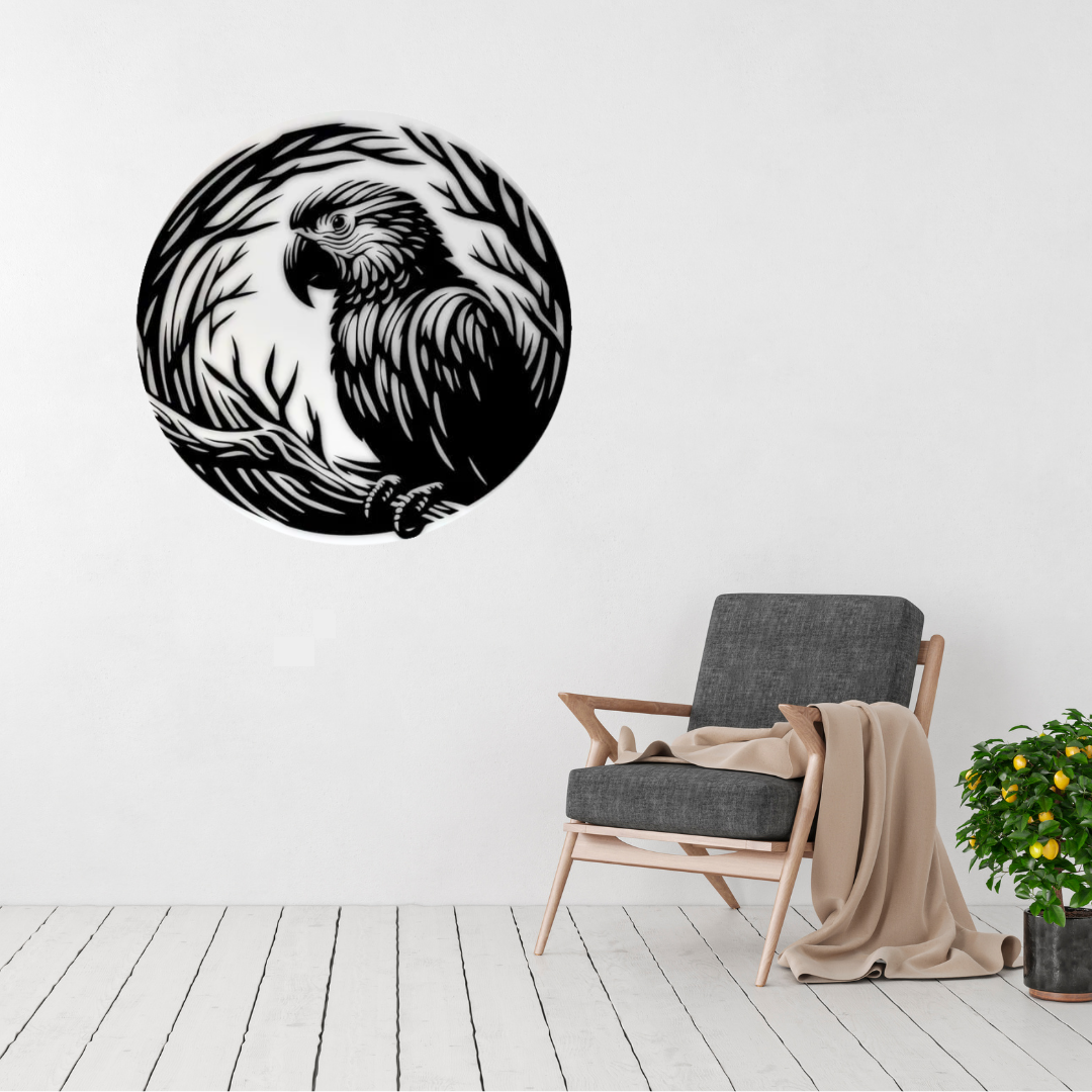 Forest Guardian | Parrot Metal Wall Art displayed in a modern living room.