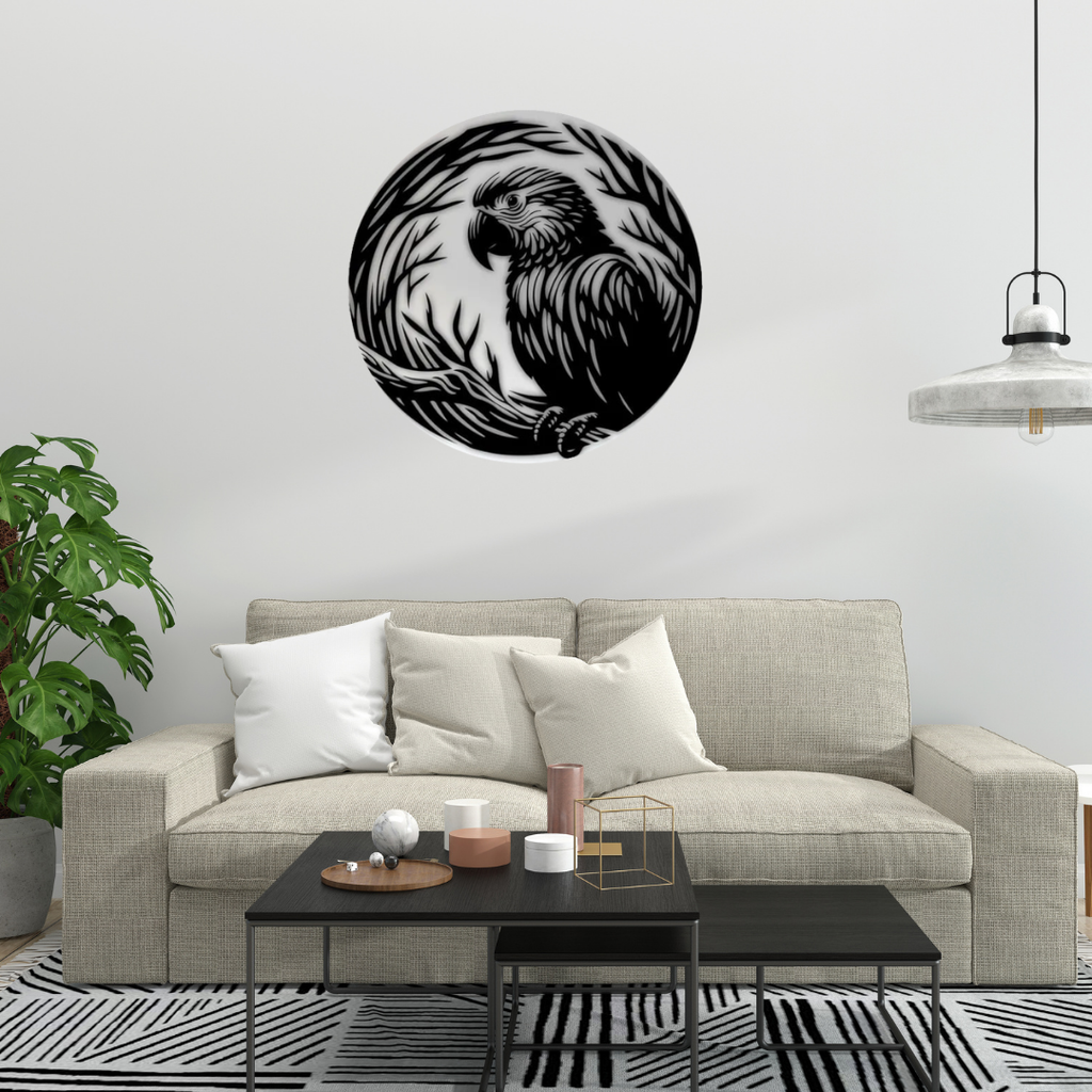 Forest Guardian | Parrot Metal Wall Art mounted above a contemporary sofa in a modern living room.
