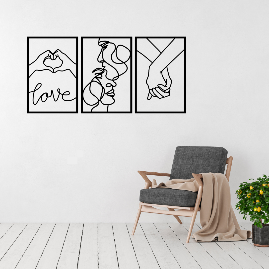Forever in Love | Romantic Metal Wall Art Set (3 Piece Collection) displayed in a modern living room.