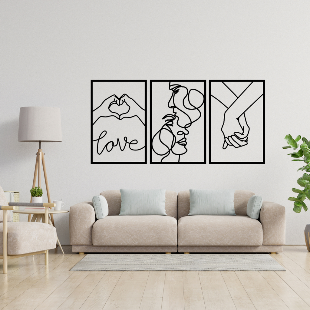 Forever in Love | Romantic Metal Wall Art Set (3 Piece Collection) showcased above a contemporary sofa in a bright modern lounge.