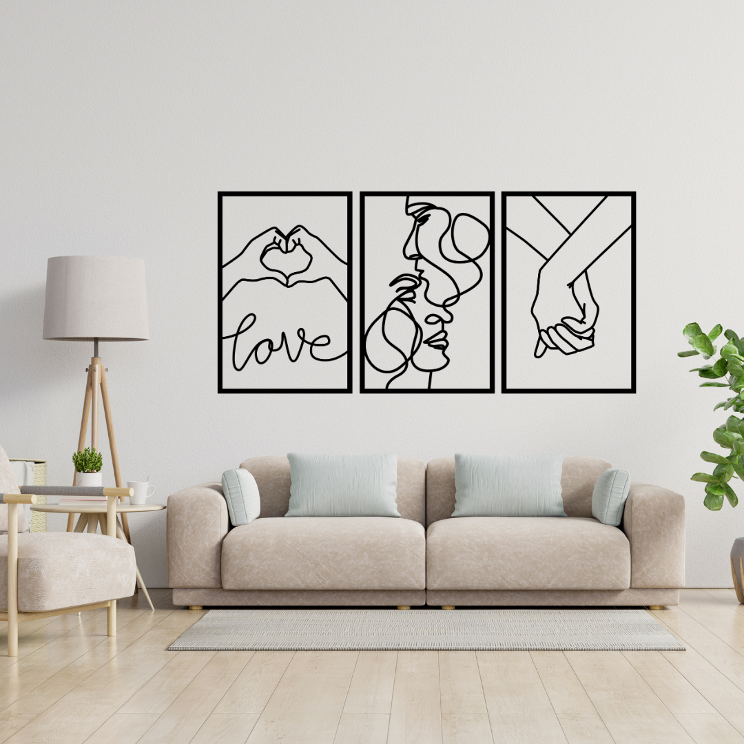 Forever in Love | Romantic Metal Wall Art Set (3 Piece Collection) showcased above a contemporary sofa in a bright modern lounge.