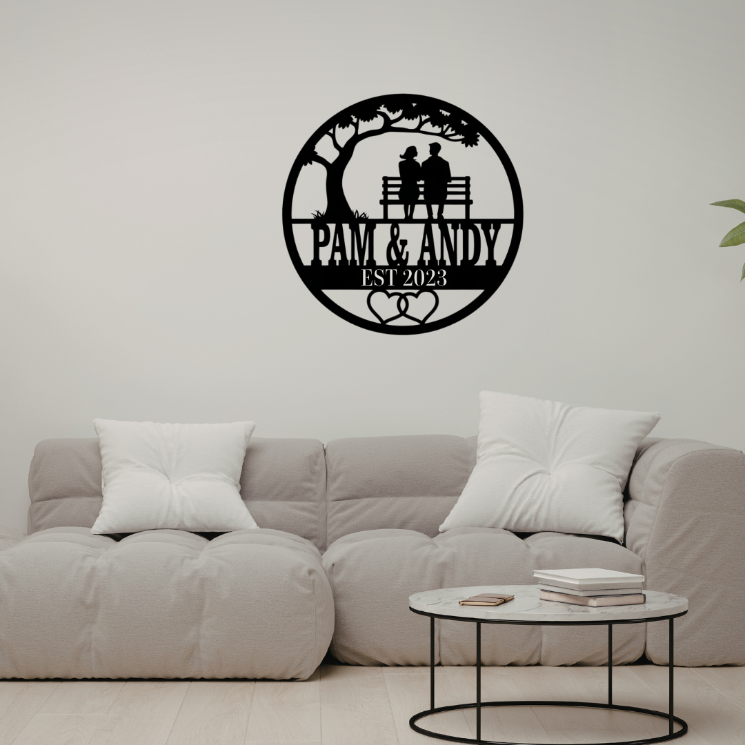 Romantic anniversary metal wall art displayed in a modern bedroom