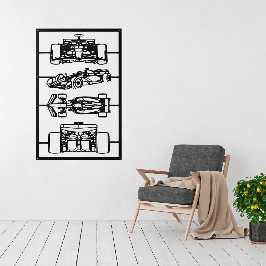 Formula Icons | Formula Racing Metal Wall Art Collection displayed in a modern living room.