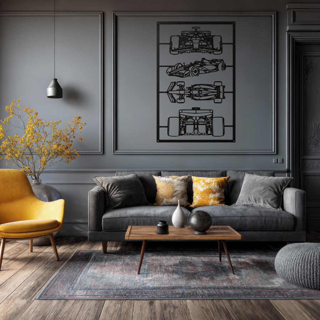 Formula Icons | Formula Racing Metal Wall Art Collection mounted in a stylish contemporary living room.