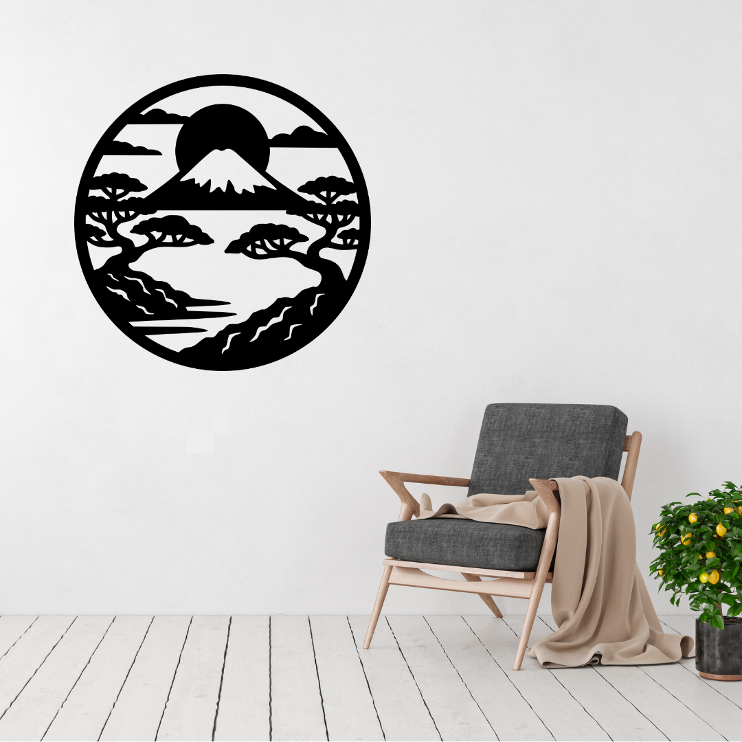 Fuji Serenity | Mount Fuji Bonsai Metal Wall Art displayed in a bright modern living room.