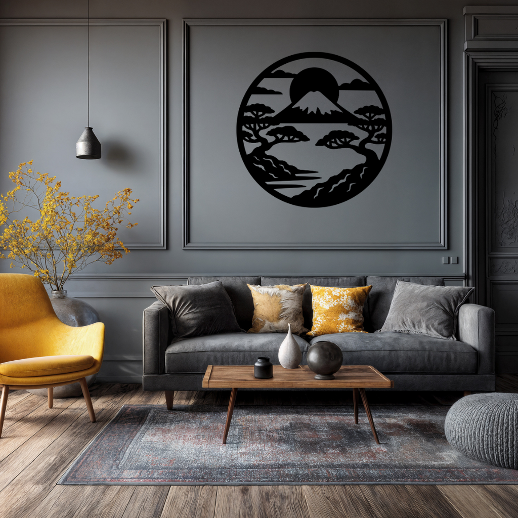 Fuji Serenity | Mount Fuji Bonsai Metal Wall Art showcased in a sophisticated living room.