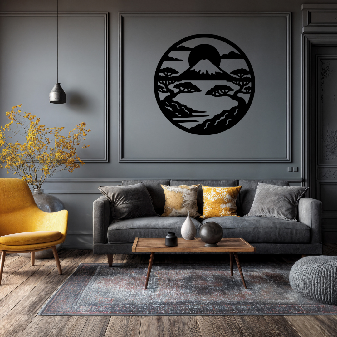 Fuji Serenity | Mount Fuji Bonsai Metal Wall Art showcased in a sophisticated living room.