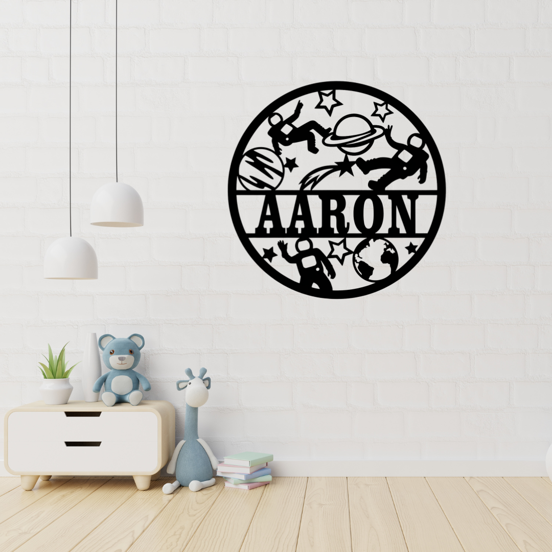 Astronaut metal wall art displayed in a galaxy-inspired bedroom