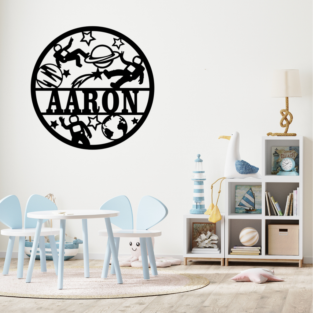 Space-themed nursery décor styled with stars and planets