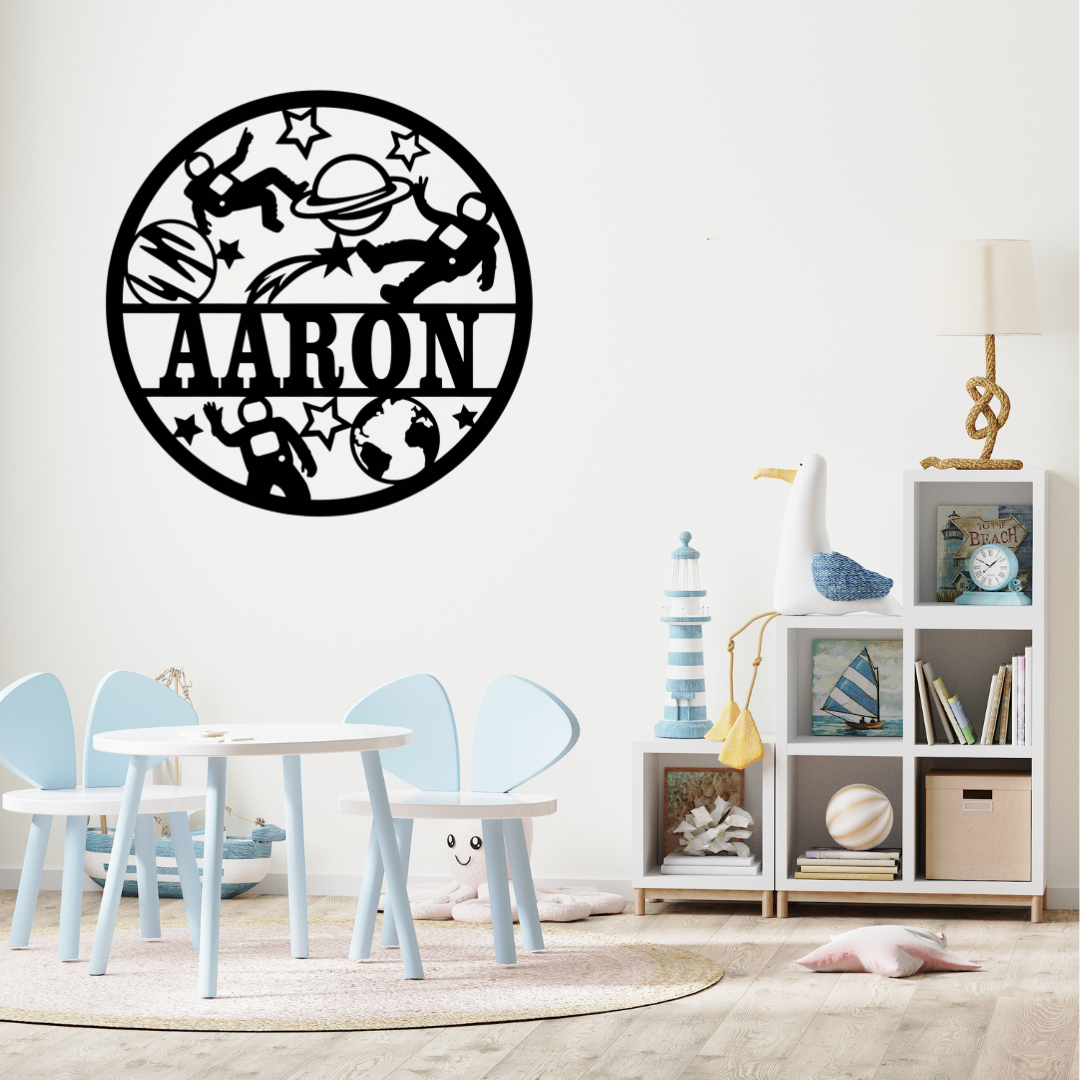 Space-themed nursery décor styled with stars and planets