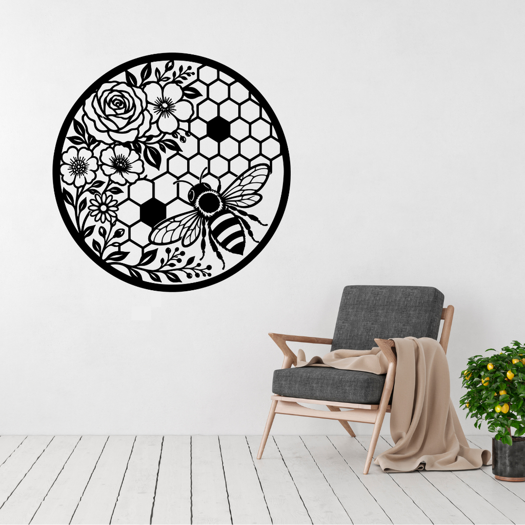 Garden Nectar honeybee and floral metal wall art displayed above a contemporary chair in a modern interior