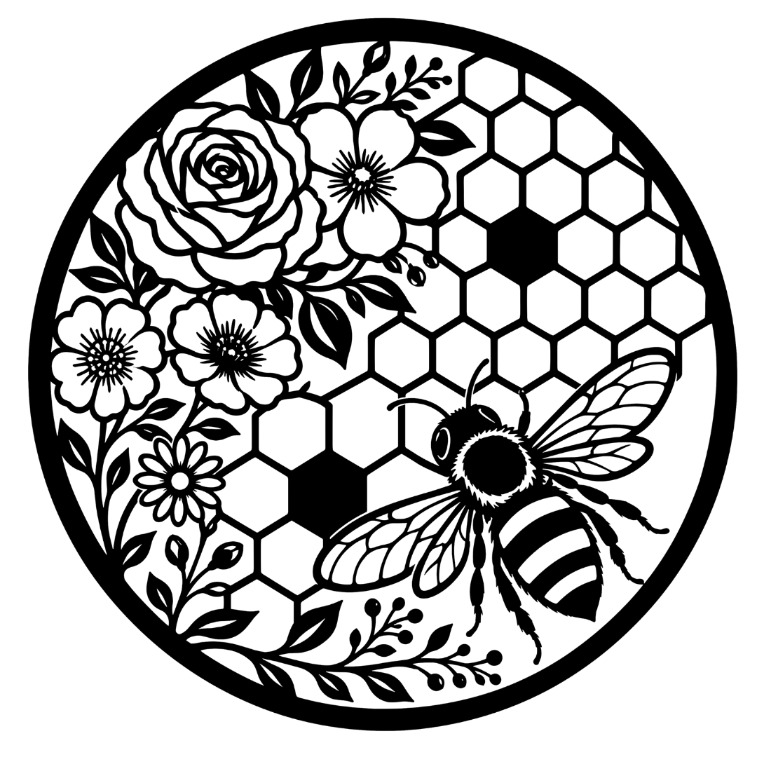 Garden Nectar honeybee and floral metal wall art isolated on a white background showing honeybee, flowers and honeycomb design
