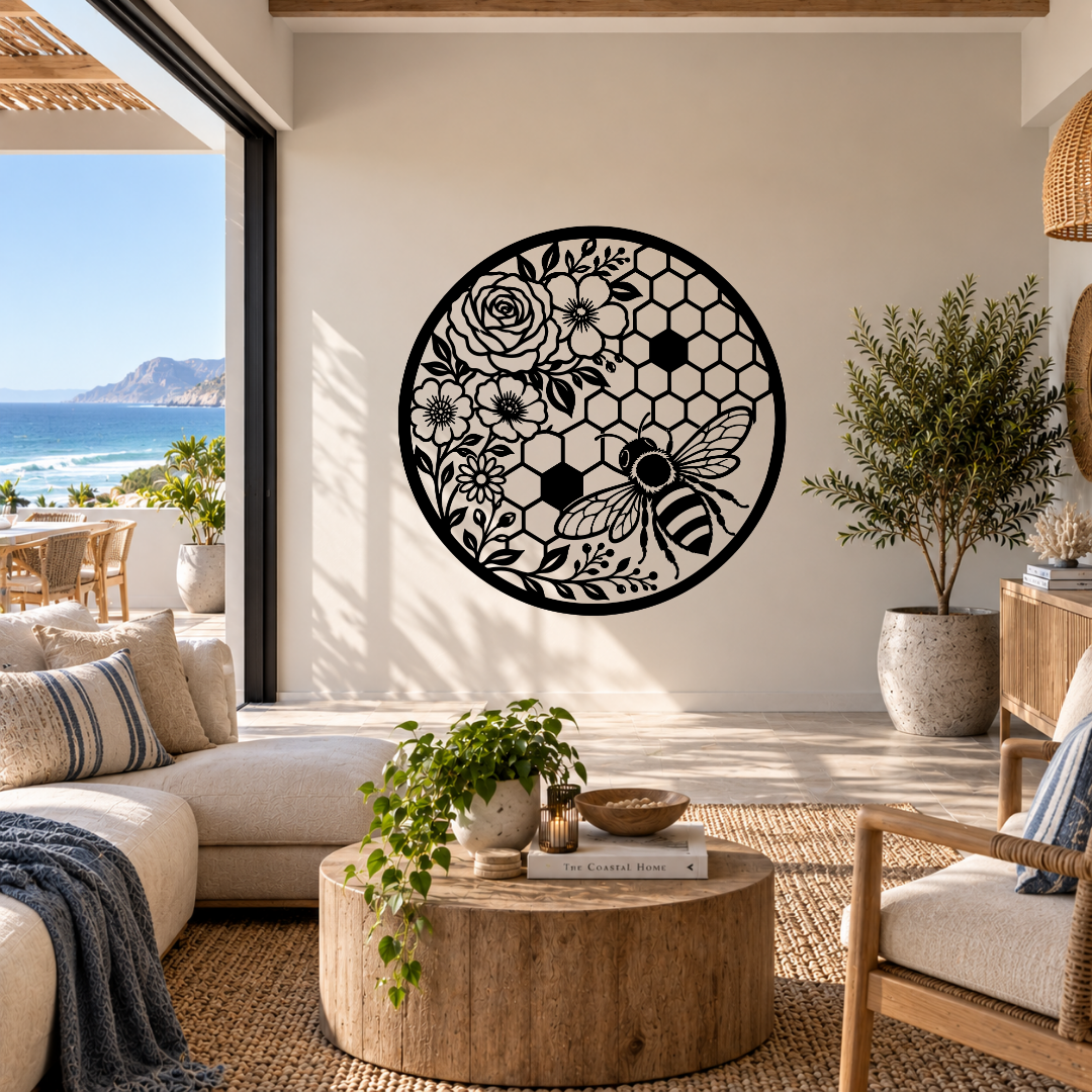 Garden Nectar honeybee and floral metal wall art displayed in a modern room with contemporary interior décor