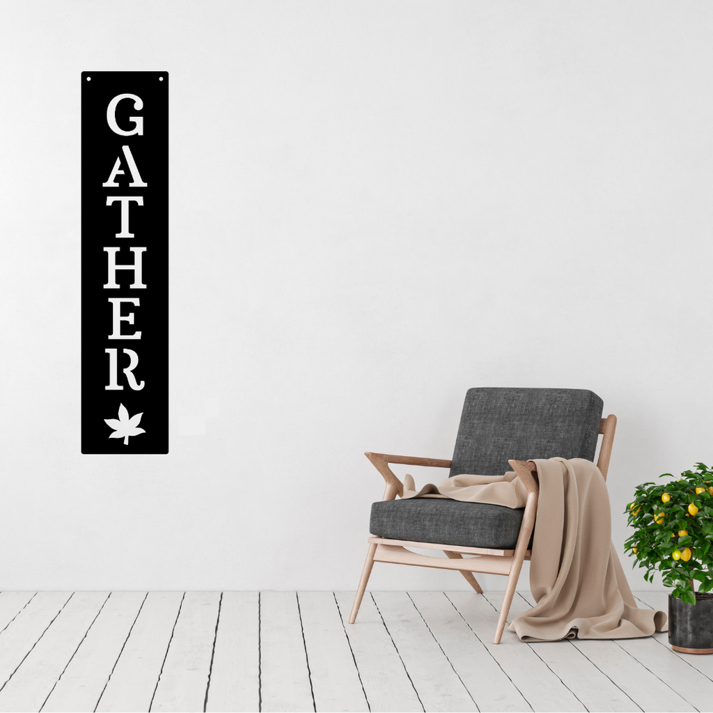 Gather Together | Gather Vertical Metal Wall Sign displayed in a modern living room.