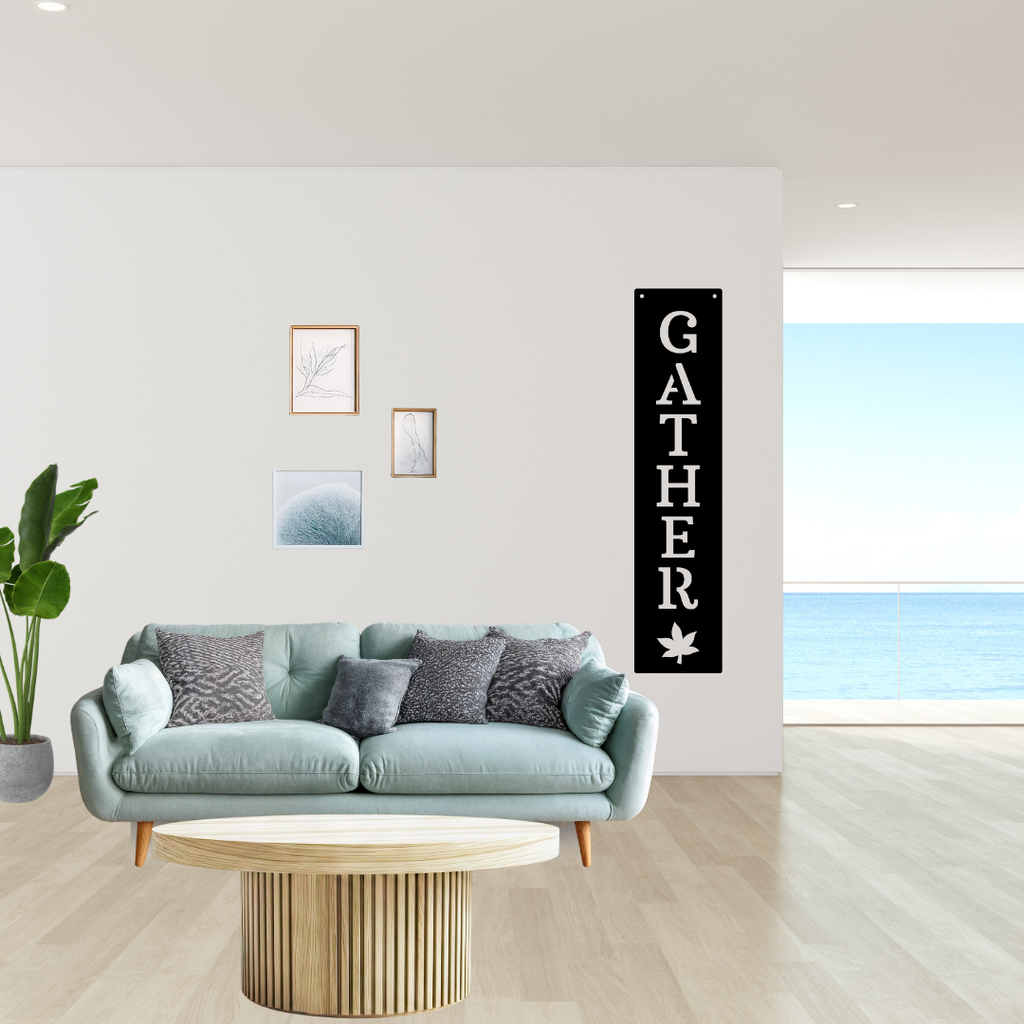 Gather Together | Gather Vertical Metal Wall Sign installed beside a modern lounge area.