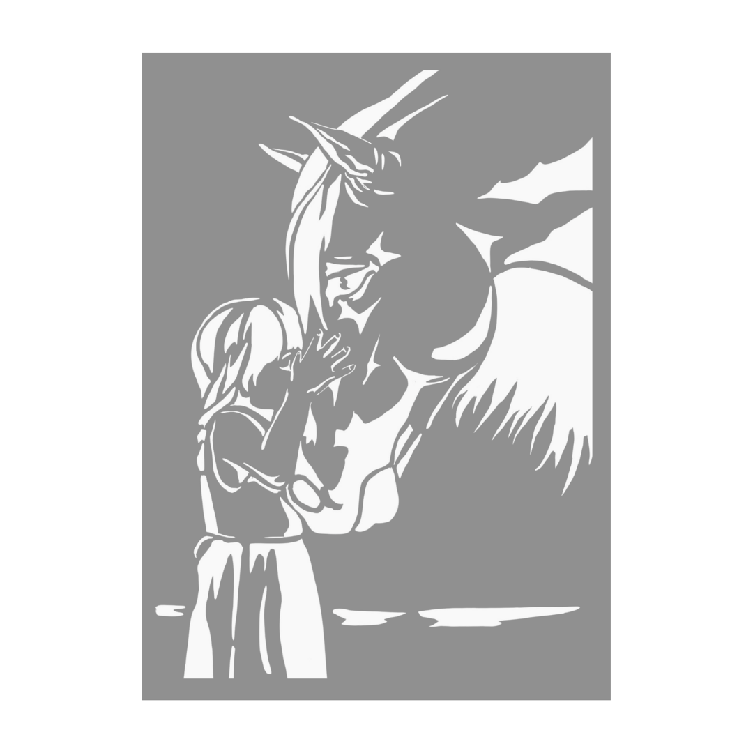 Close-up of the Gentle Bond laser-cut metal wall art featuring a child gently touching a horse.