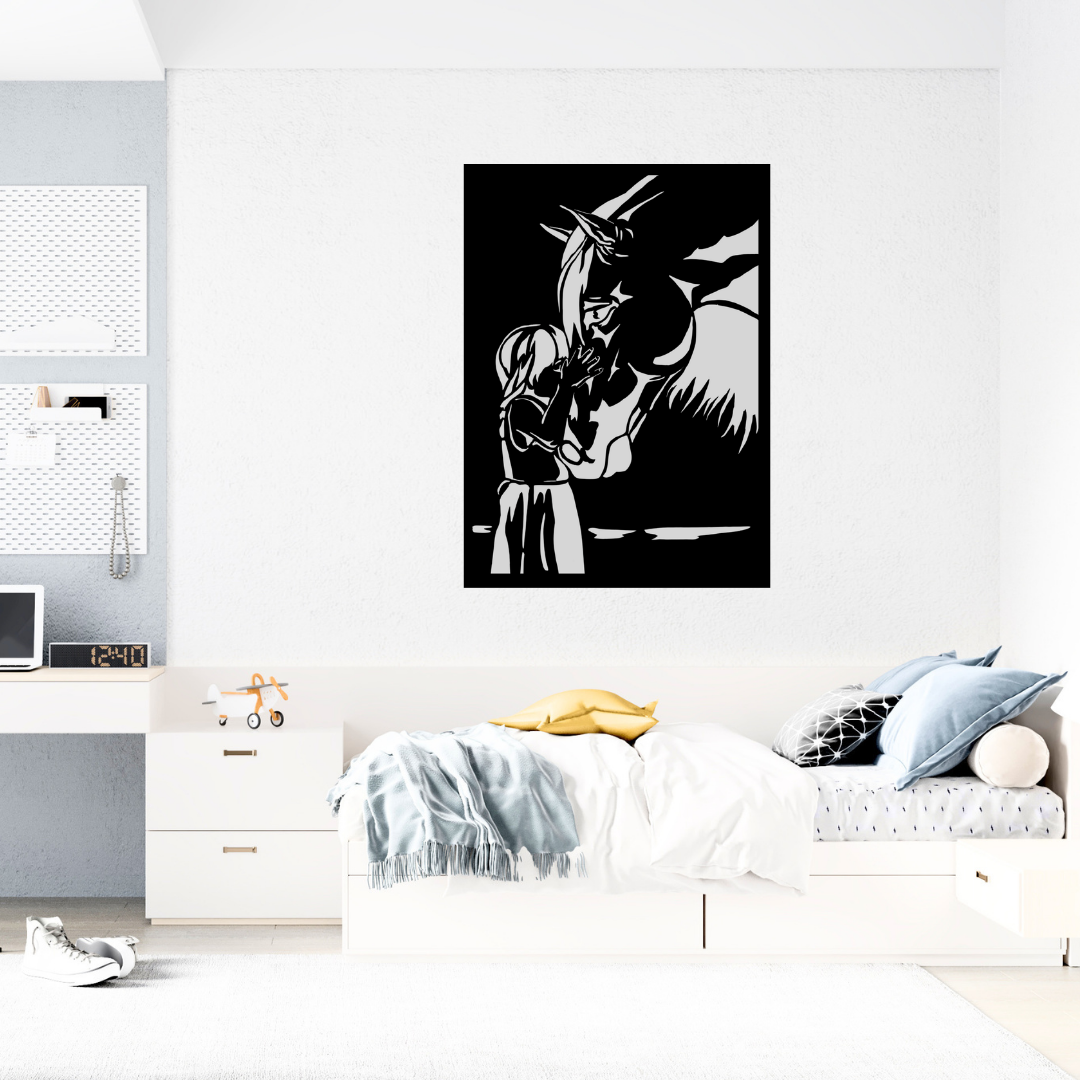 Gentle Bond horse and child metal wall art mounted above a bed in a bright contemporary bedroom.
