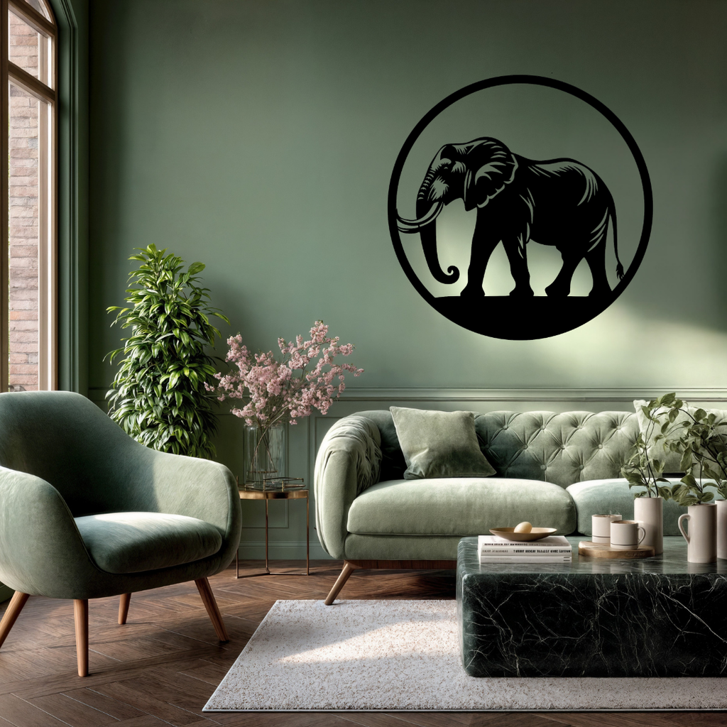 Gentle Giant | Elephant Metal Wall Art featured in a sophisticated lounge, displaying a beautifully detailed laser cut elephant framed within a circular design. Premium steel wall décor that adds warmth, elegance and African wildlife character to living rooms, offices, lodges, farmhouses and contemporary interior spaces.