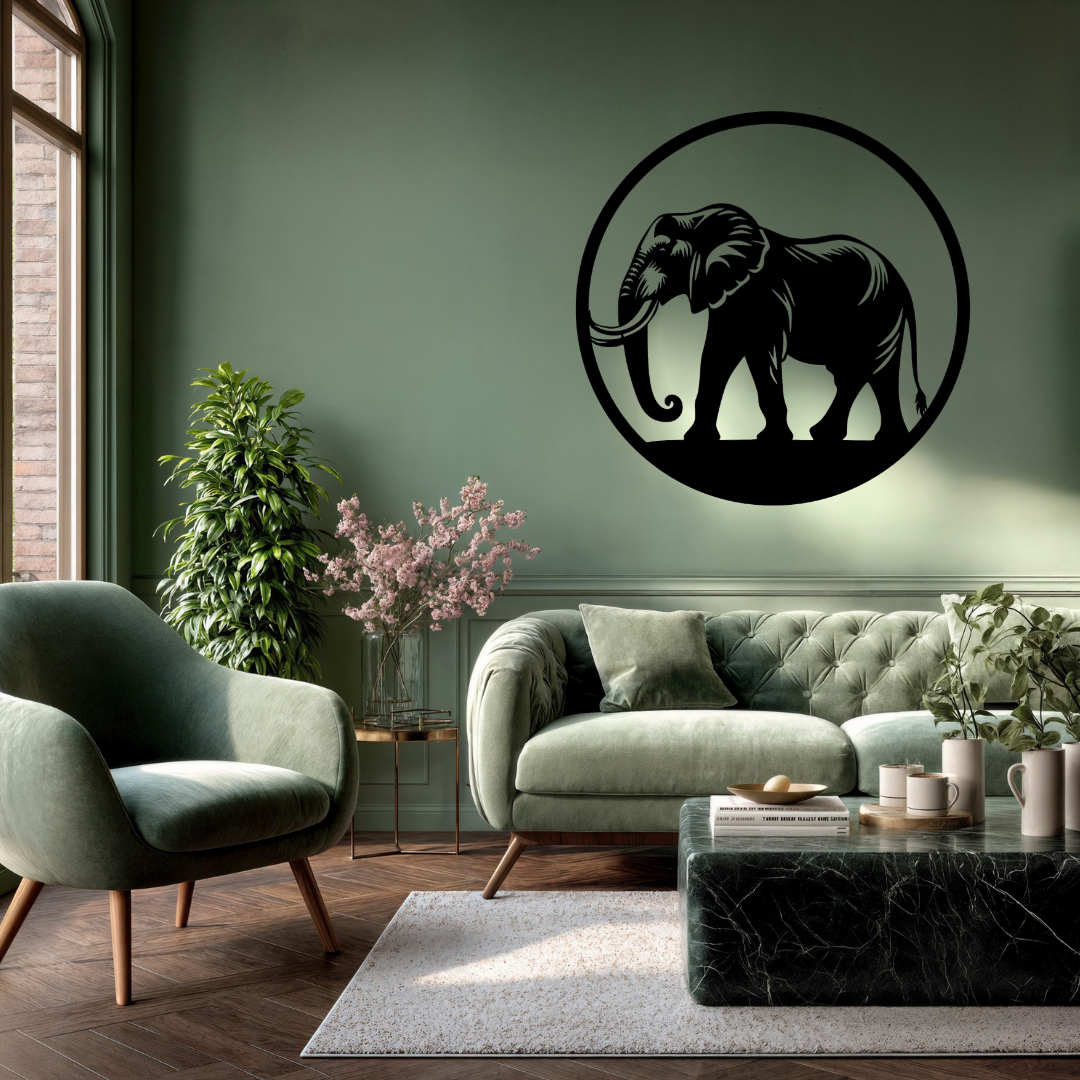 Gentle Giant | Elephant Metal Wall Art featured in a sophisticated lounge, displaying a beautifully detailed laser cut elephant framed within a circular design. Premium steel wall décor that adds warmth, elegance and African wildlife character to living rooms, offices, lodges, farmhouses and contemporary interior spaces.