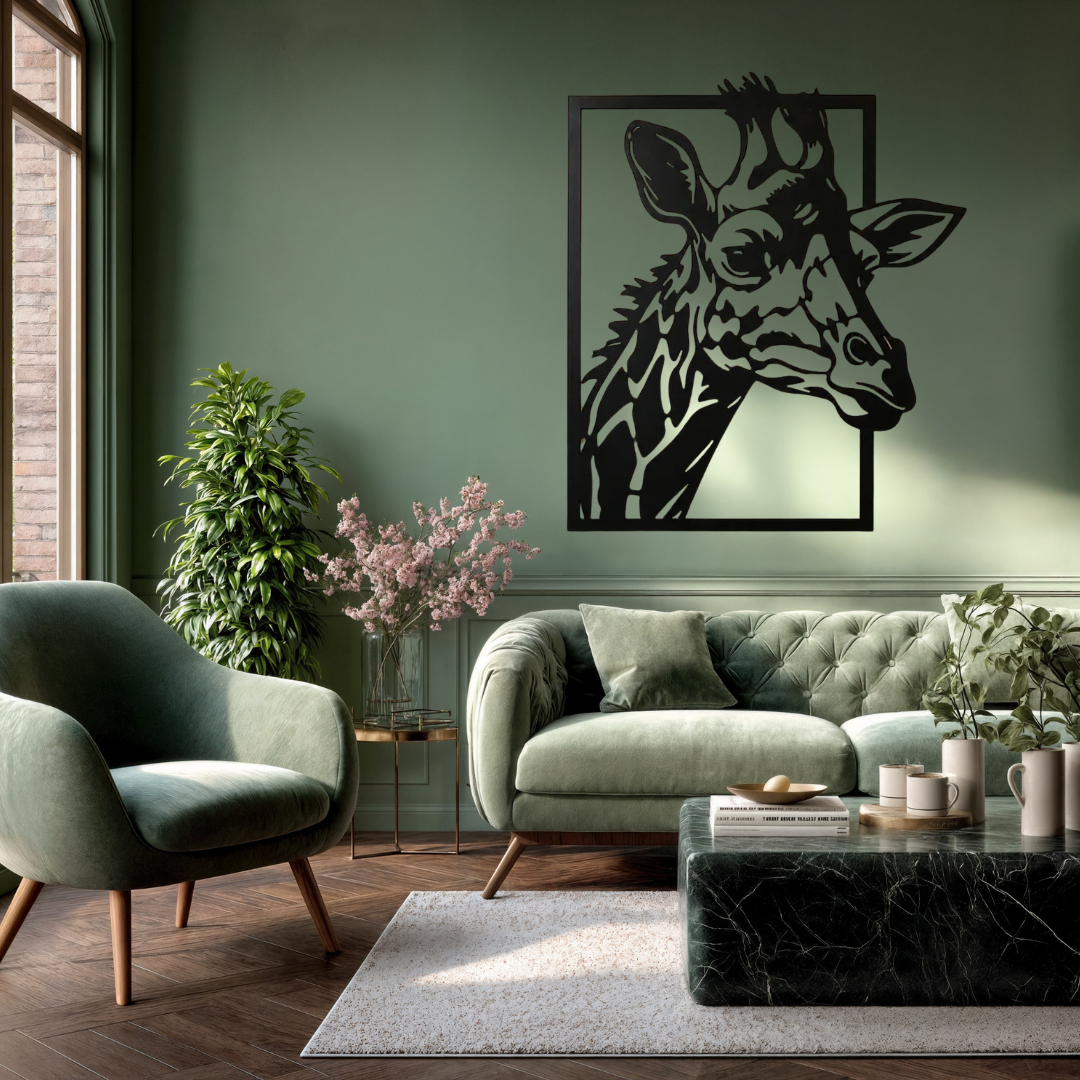 Gentle Giant | Giraffe Metal Wall Art mounted in a stylish contemporary living room.