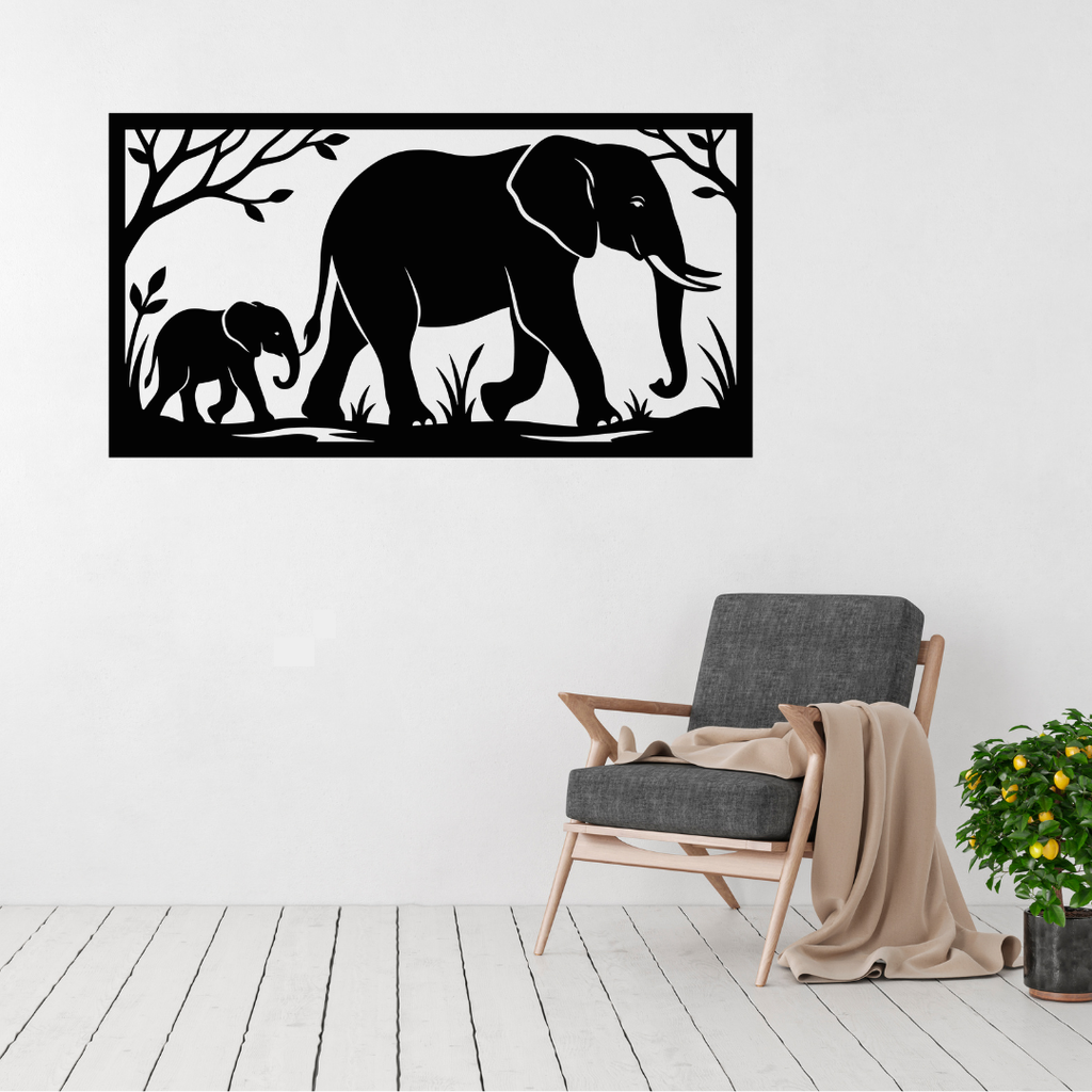 Gentle Giants mother and baby elephant metal wall art displayed above a contemporary chair in a modern interior