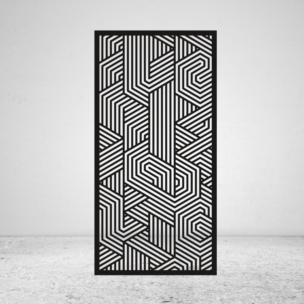 Geo Flow abstract geometric metal privacy screen with interlocking lines and angular cut-out pattern