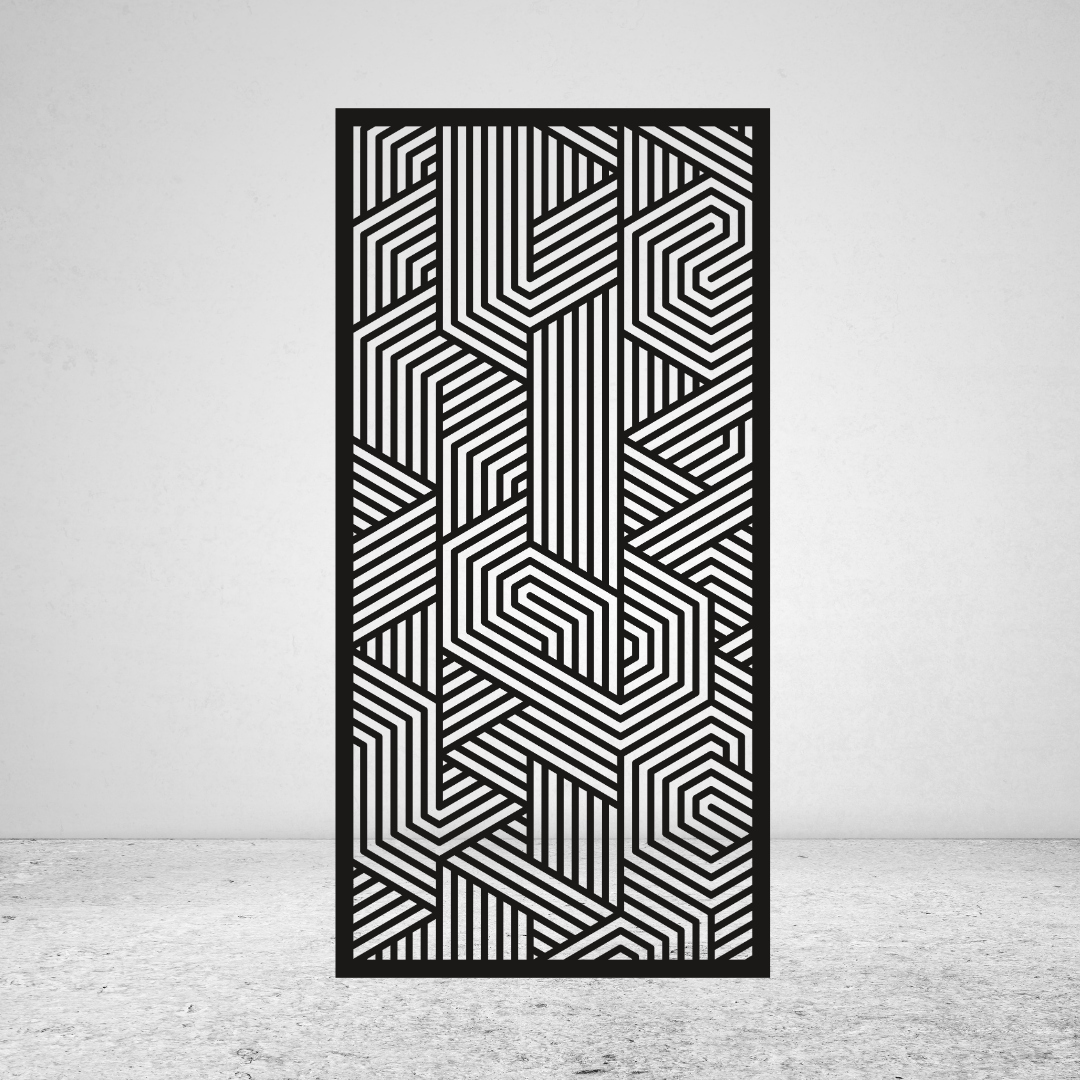 Geo Flow abstract geometric metal privacy screen with interlocking lines and angular cut-out pattern