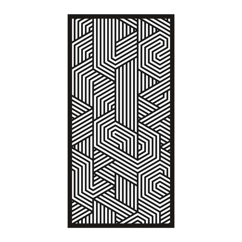 Geo Flow geometric metal privacy panel isolated on a white background showing its intricate linear design