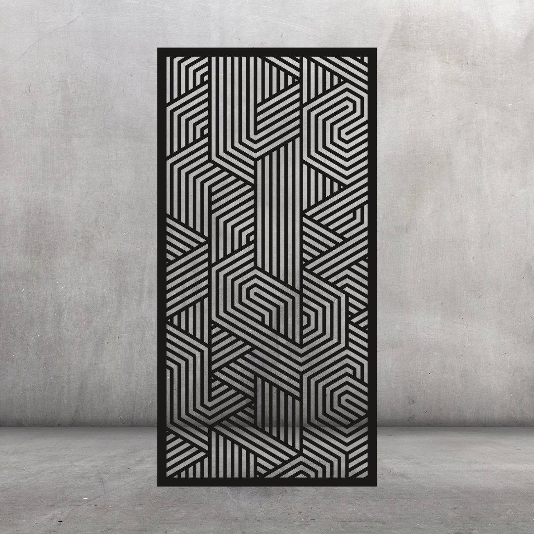 Geo Flow modern metal privacy screen displayed against a dark grey wall with bold abstract geometric pattern