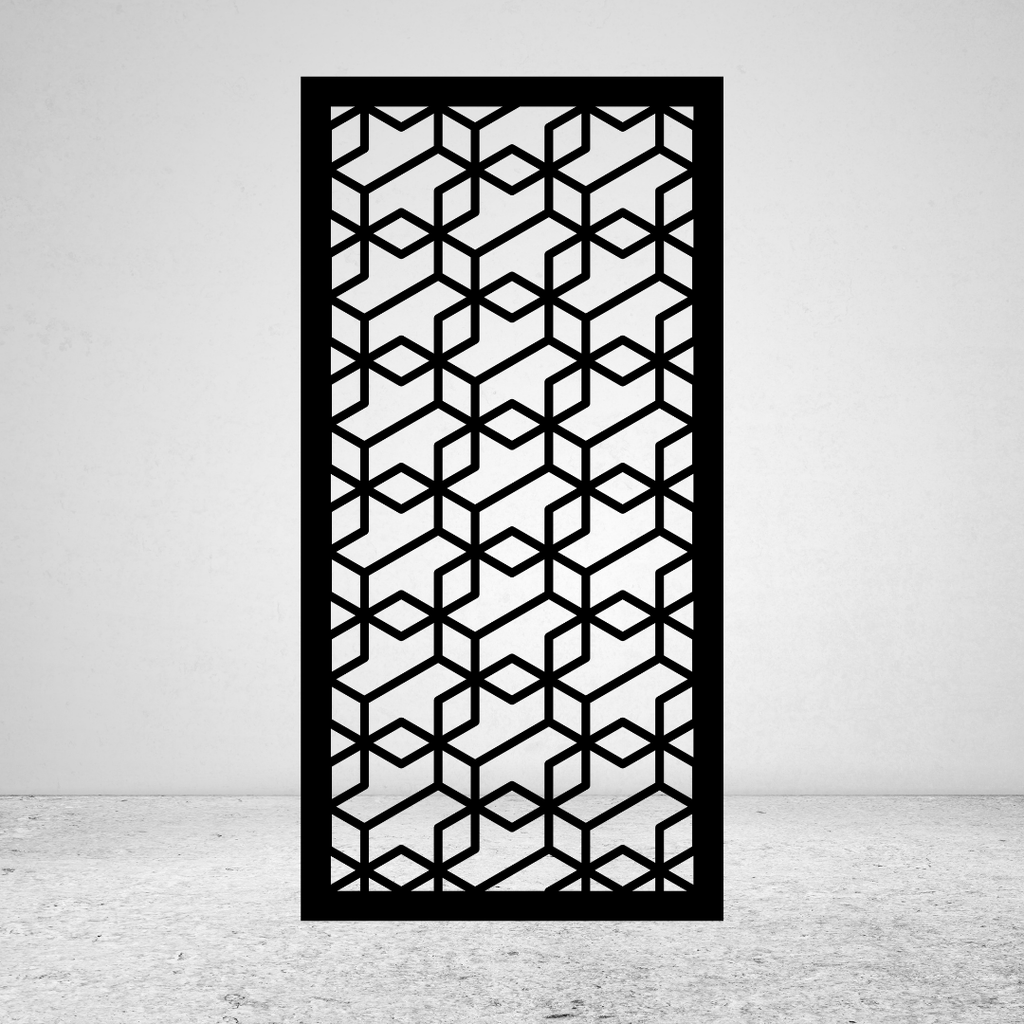 Geo Nexus geometric metal privacy screen mounted against a light grey wall showcasing modern interlocking architectural patterns