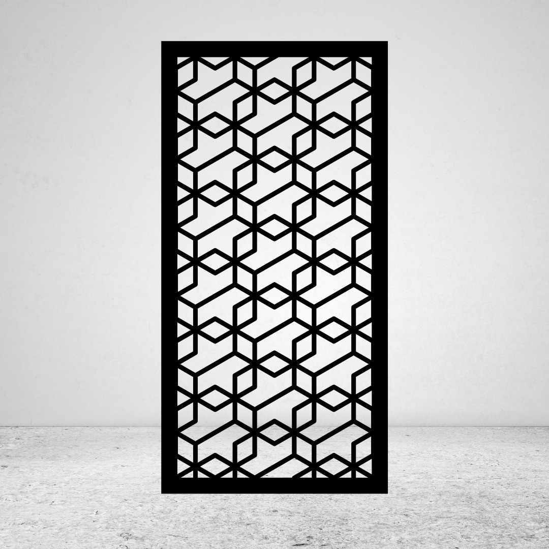 Geo Nexus geometric metal privacy screen mounted against a light grey wall showcasing modern interlocking architectural patterns